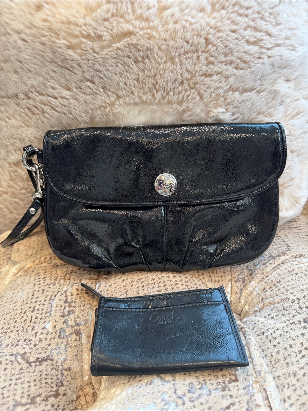 Coach Black Patent Leather Wristlet with Matching Card Case